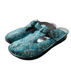 Alegria Turquoise Floral Embossed Leather Mary Jane Clogs Size 41 US 10